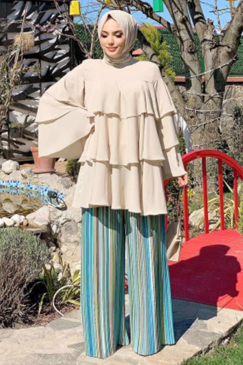 Tesettür giyim BEJ VOLANLI TUNİK 3542 