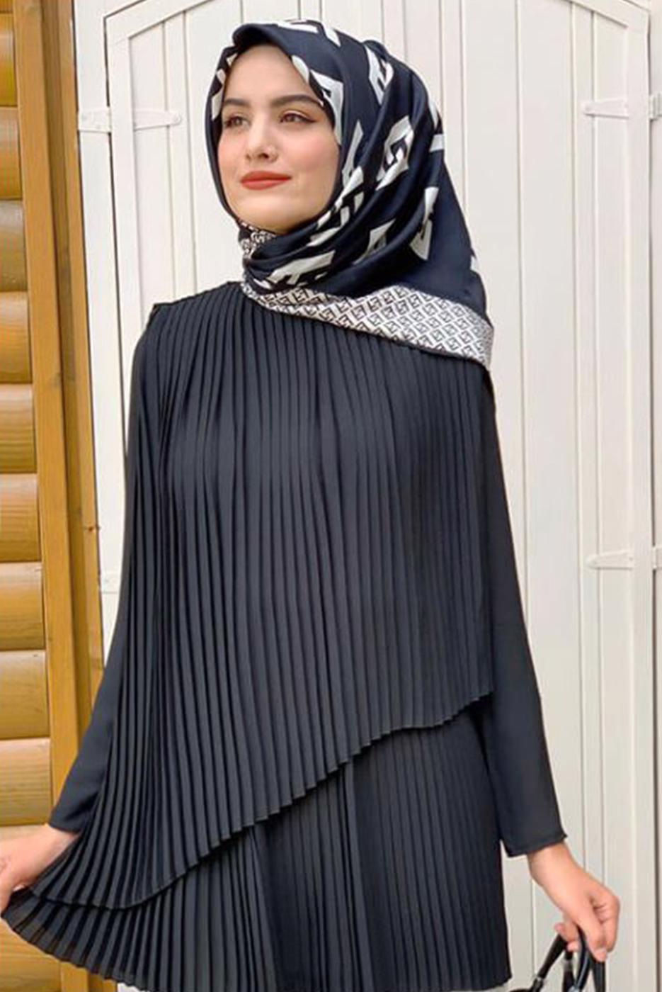 Vêtements hijab NOIR TUNIQUE PLISSÉE COUPE ASYMÉTRIQUE 3632