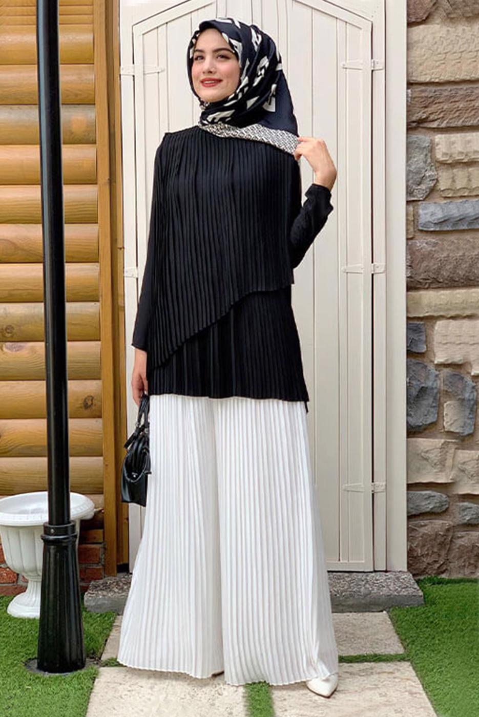 Vêtements hijab NOIR TUNIQUE PLISSÉE COUPE ASYMÉTRIQUE 3632
