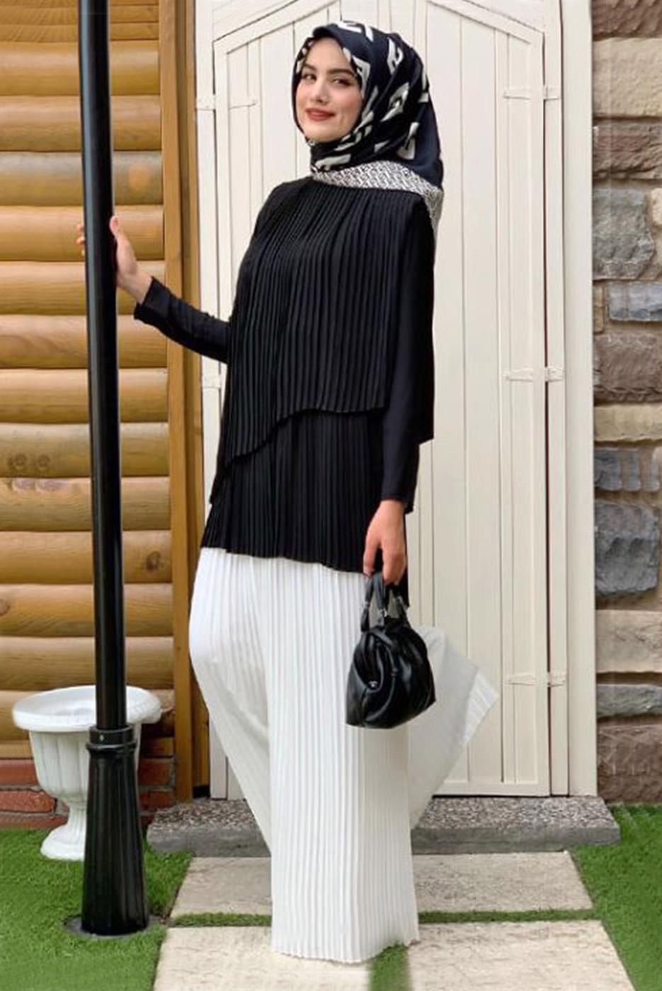 Vêtements hijab NOIR TUNIQUE PLISSÉE COUPE ASYMÉTRIQUE 3632