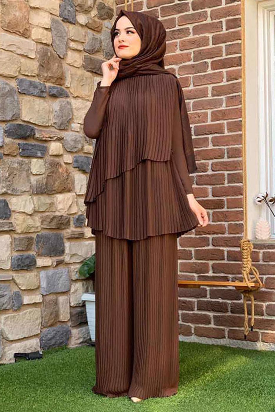 Tesettür giyim KAHVE ASİMETRİK KESİM PİLİSELİ TUNİK 3632 