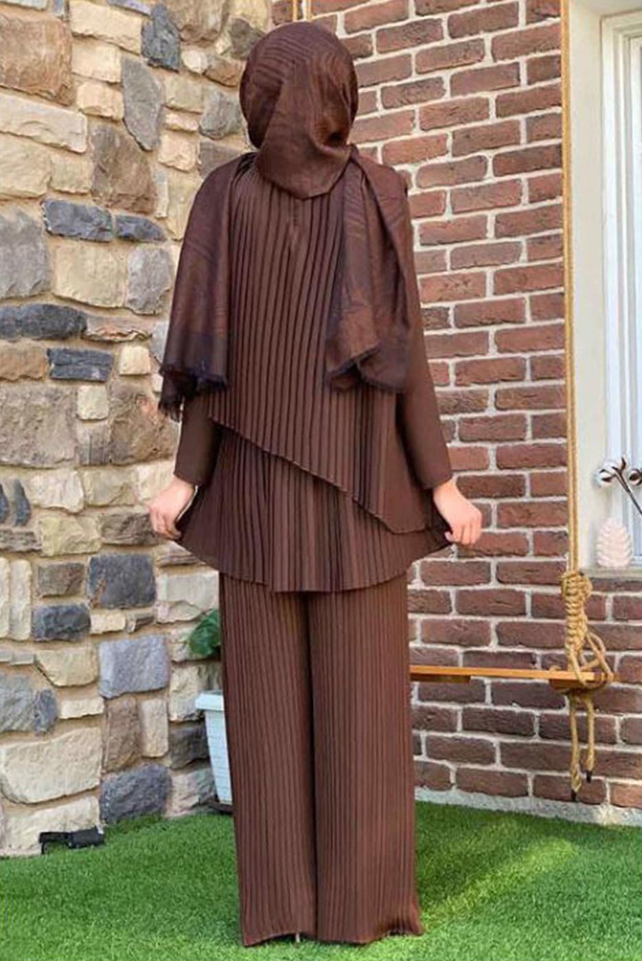 Tesettür giyim KAHVE ASİMETRİK KESİM PİLİSELİ TUNİK 3632 