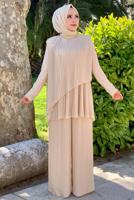 Tesettür giyim BEJ ASİMETRİK KESİM PİLİSELİ TUNİK 3632 