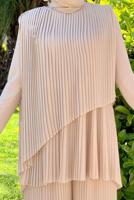 Tesettür giyim BEJ ASİMETRİK KESİM PİLİSELİ TUNİK 3632 