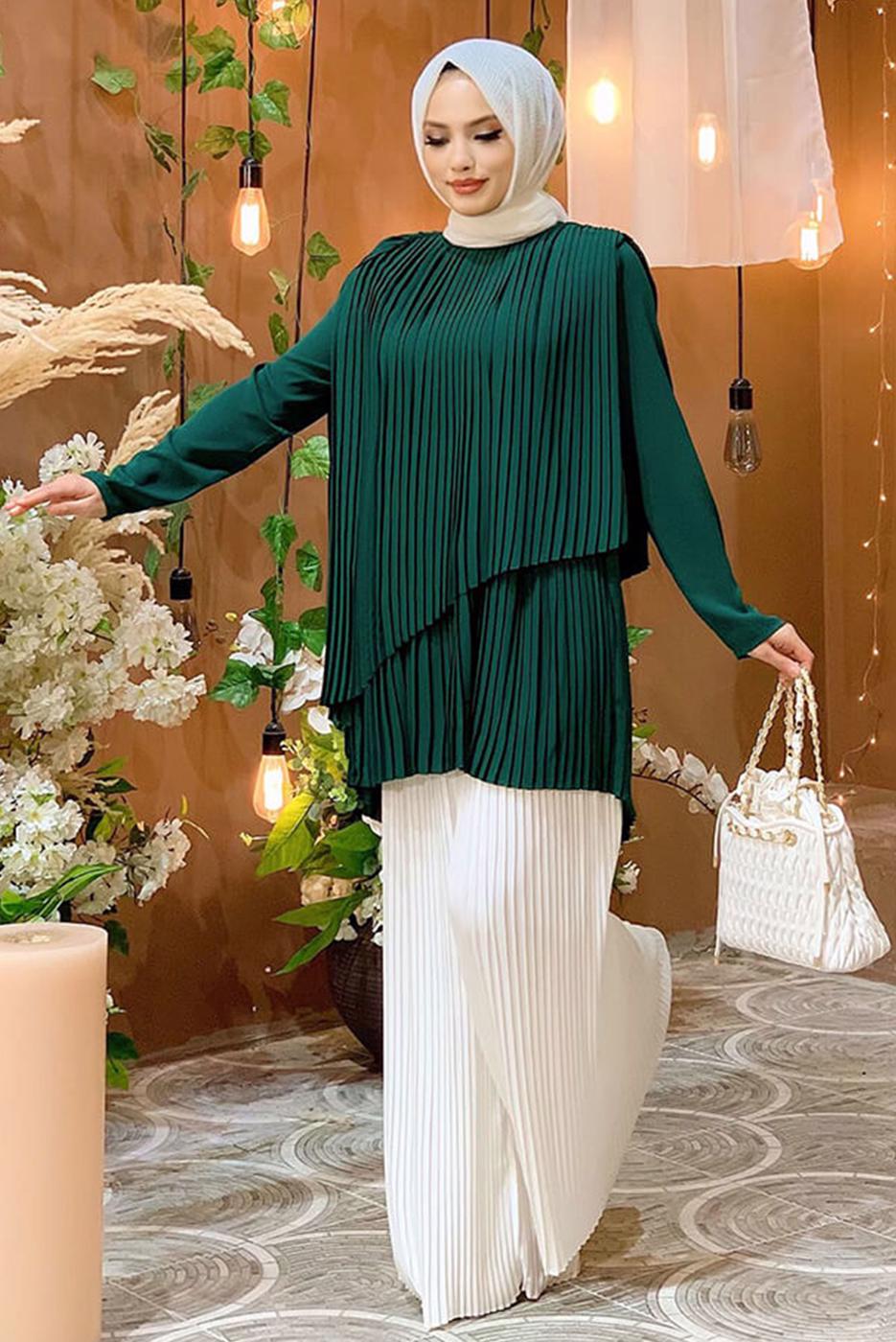 Tesettür giyim YEŞİL ASİMETRİK KESİM PİLİSELİ TUNİK 3632 