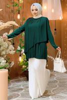 Tesettür giyim YEŞİL ASİMETRİK KESİM PİLİSELİ TUNİK 3632 