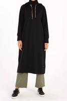 Tesettür giyim SİYAH LEOPAR BAĞCIKLI KAPÜŞONLU TUNİK 38005 