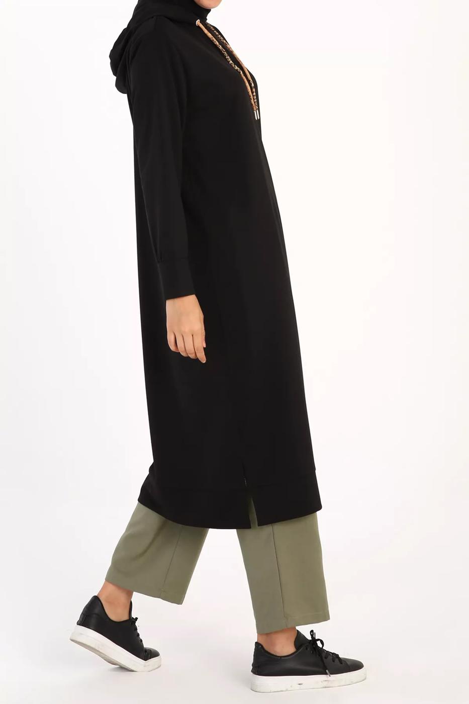 Tesettür giyim SİYAH LEOPAR BAĞCIKLI KAPÜŞONLU TUNİK 38005 