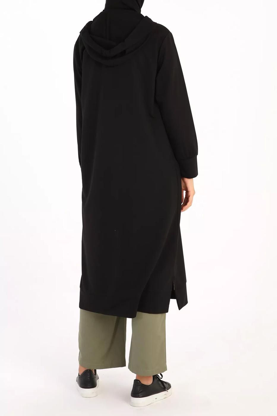 Tesettür giyim SİYAH LEOPAR BAĞCIKLI KAPÜŞONLU TUNİK 38005 