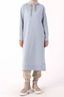 Tesettür giyim MAVİ LEOPAR BAĞCIKLI KAPÜŞONLU TUNİK 38005 