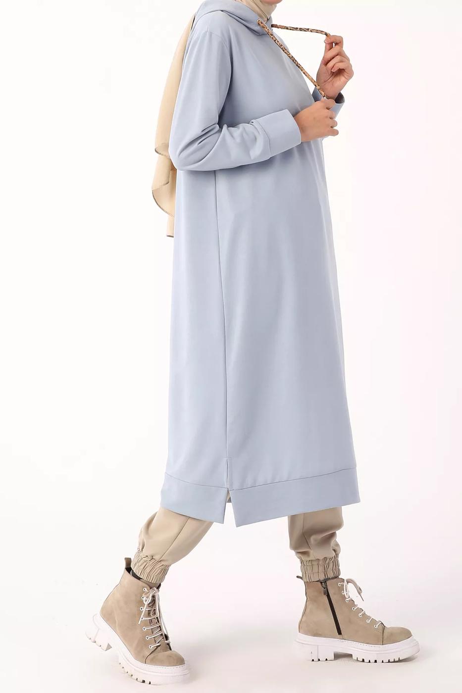 Tesettür giyim MAVİ LEOPAR BAĞCIKLI KAPÜŞONLU TUNİK 38005 