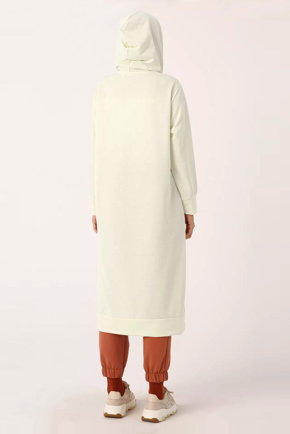 Tesettür giyim BEJ LEOPAR BAĞCIKLI KAPÜŞONLU TUNİK 38005 