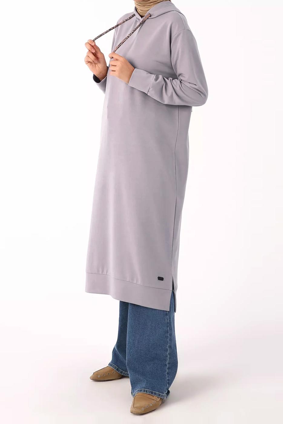 Tesettür giyim MOR LEOPAR BAĞCIKLI KAPÜŞONLU TUNİK 38005 