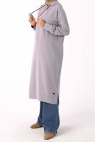 Tesettür giyim MOR LEOPAR BAĞCIKLI KAPÜŞONLU TUNİK 38005 