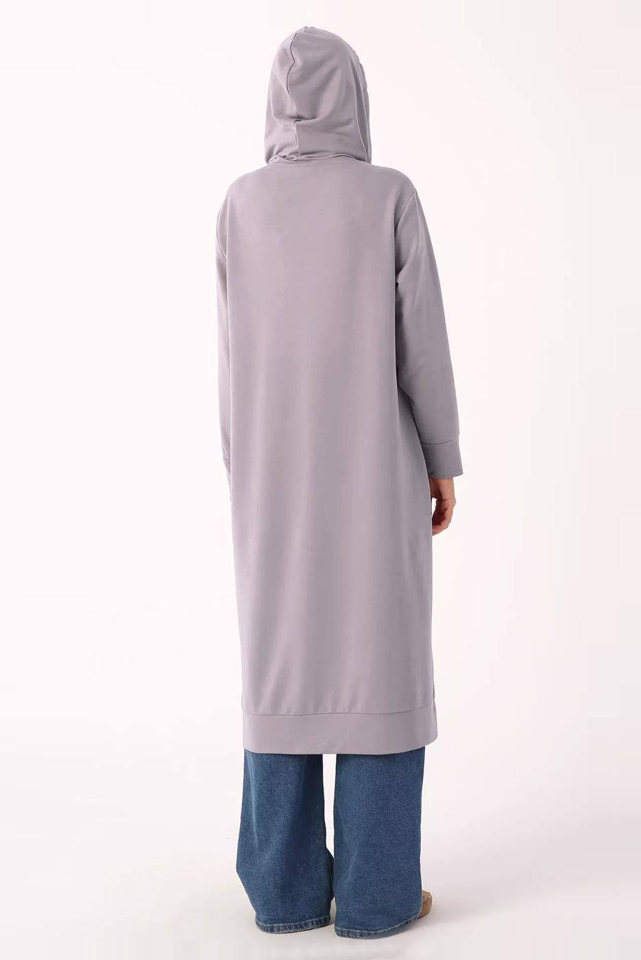 Tesettür giyim MOR LEOPAR BAĞCIKLI KAPÜŞONLU TUNİK 38005 