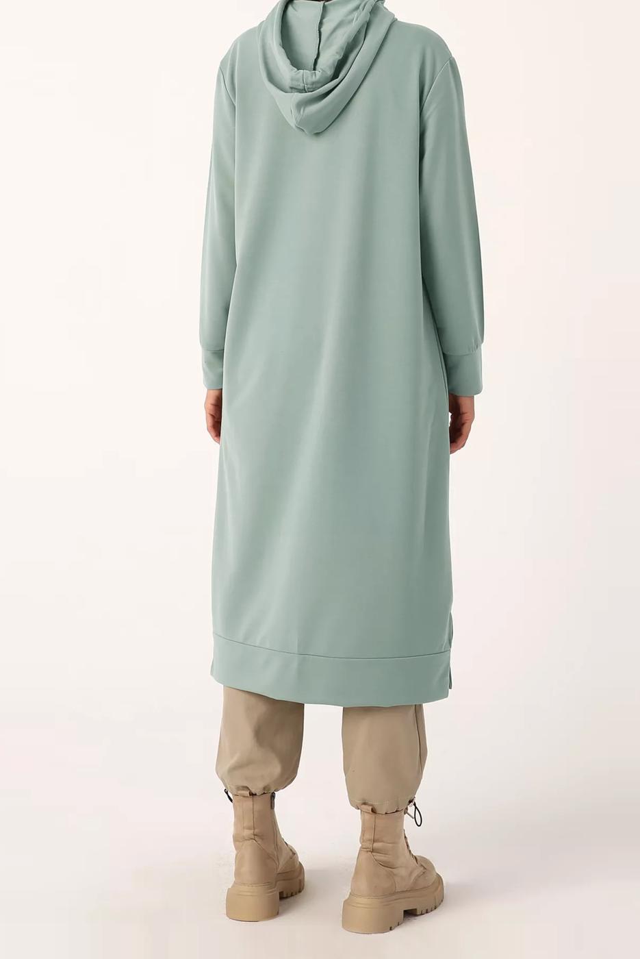 Tesettür giyim YEŞİL LEOPAR BAĞCIKLI KAPÜŞONLU TUNİK 38005 