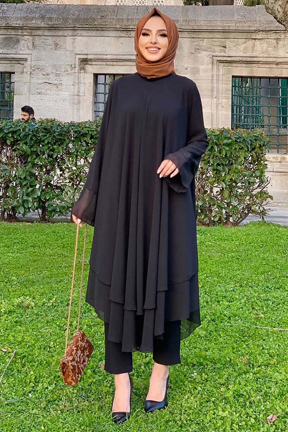 Tesettür giyim SİYAH ŞİFON SALAŞ TUNİK 3803