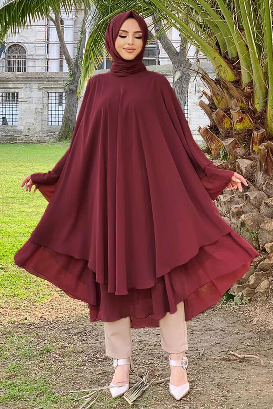 Tesettür giyim BORDO ŞİFON SALAŞ TUNİK 3803