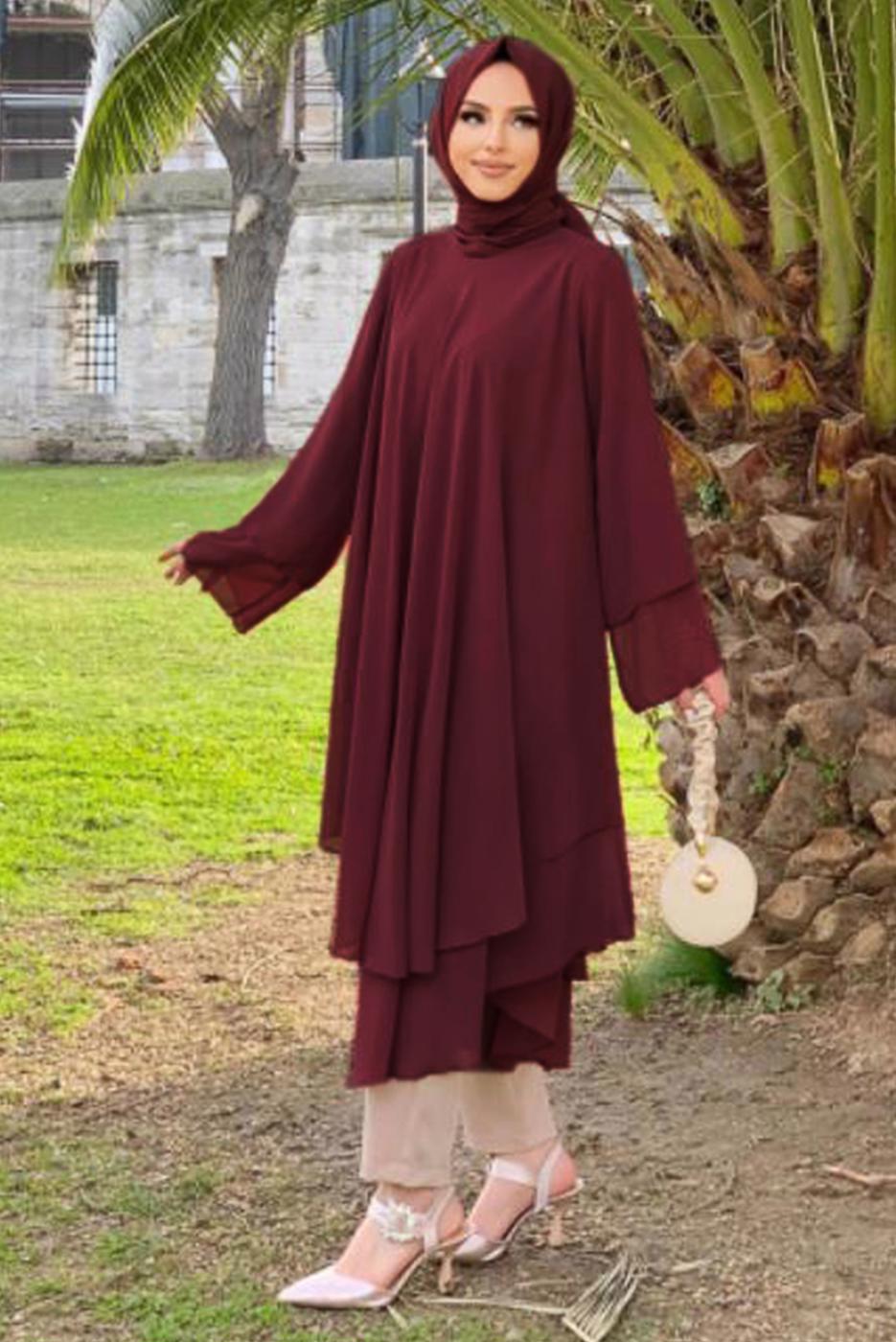 Tesettür giyim BORDO ŞİFON SALAŞ TUNİK 3803