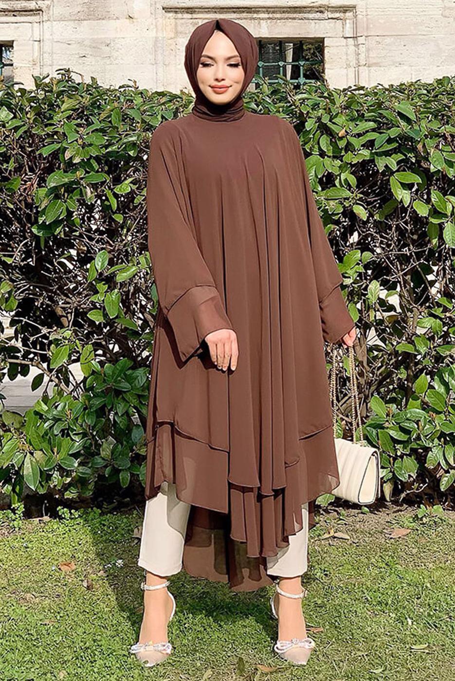 Tesettür giyim KAHVE ŞİFON SALAŞ TUNİK 3803