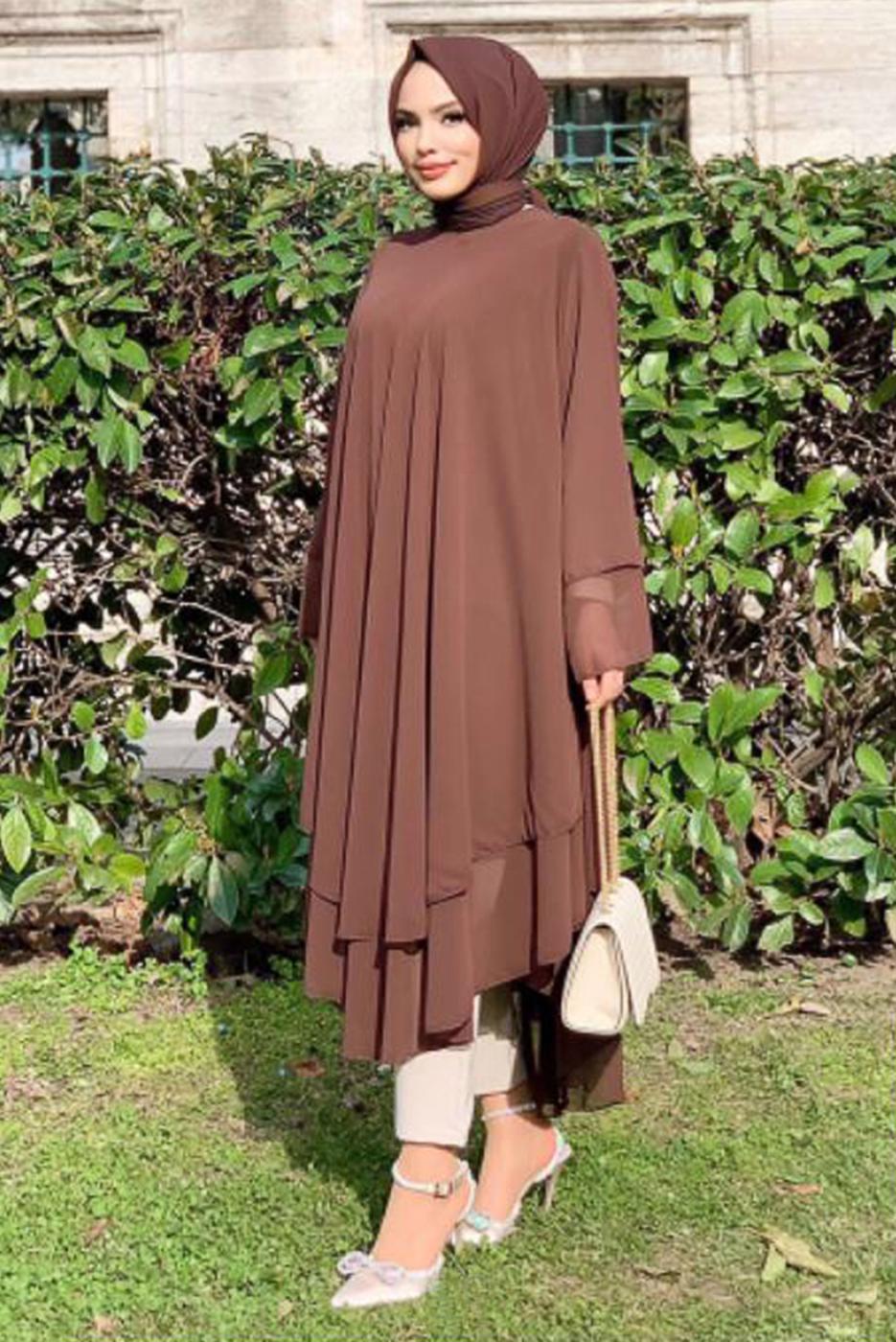 Tesettür giyim KAHVE ŞİFON SALAŞ TUNİK 3803