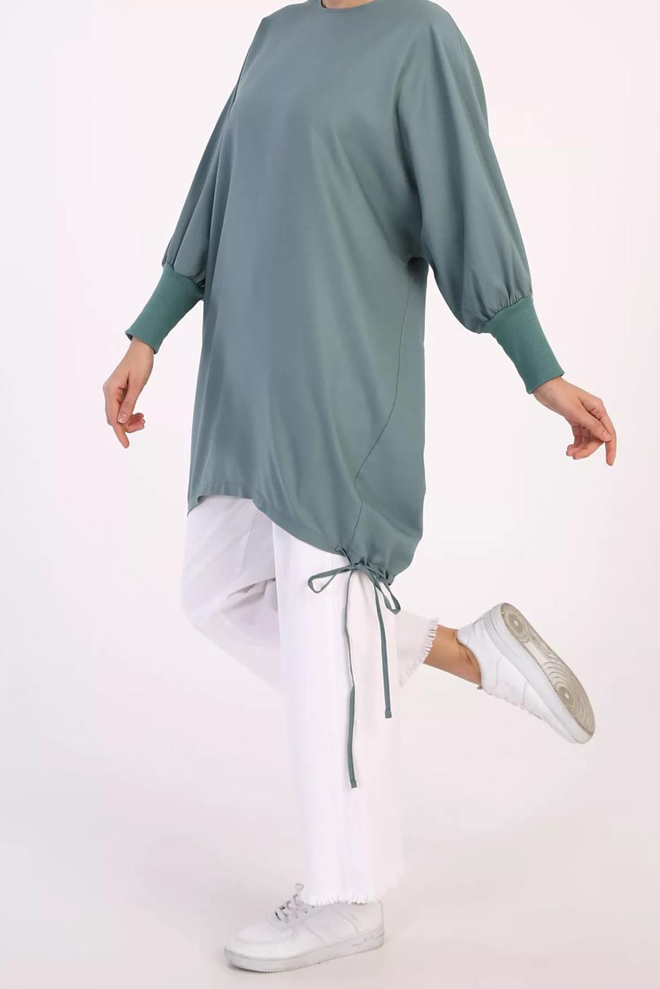 Tesettür giyim MAVİ MANŞETLERİ LASTİKLİ TUNİK 40005 