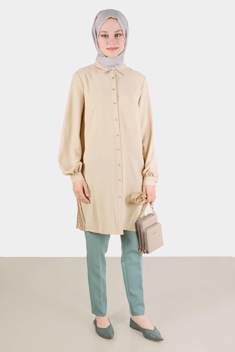Tesettür giyim BEJ ALVİNA PİLE DETAYLI TUNİK T 42520