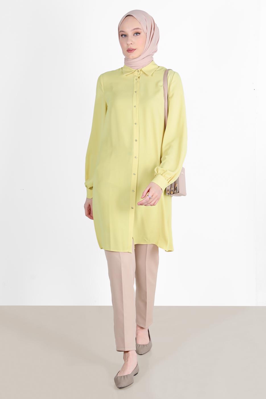 Tesettür giyim SARI ALVİNA PİLE DETAYLI TUNİK T 42520