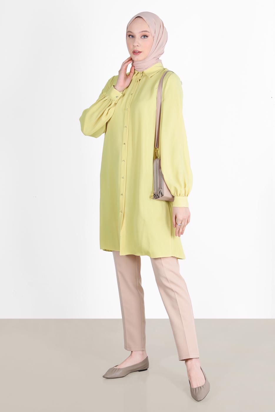 Tesettür giyim SARI ALVİNA PİLE DETAYLI TUNİK T 42520