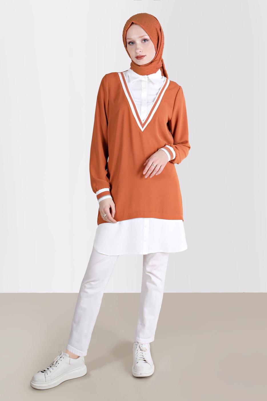 Tesettür giyim TABA ALVİNA V YAKA GÖRÜNÜMLÜ TUNİK T 42559