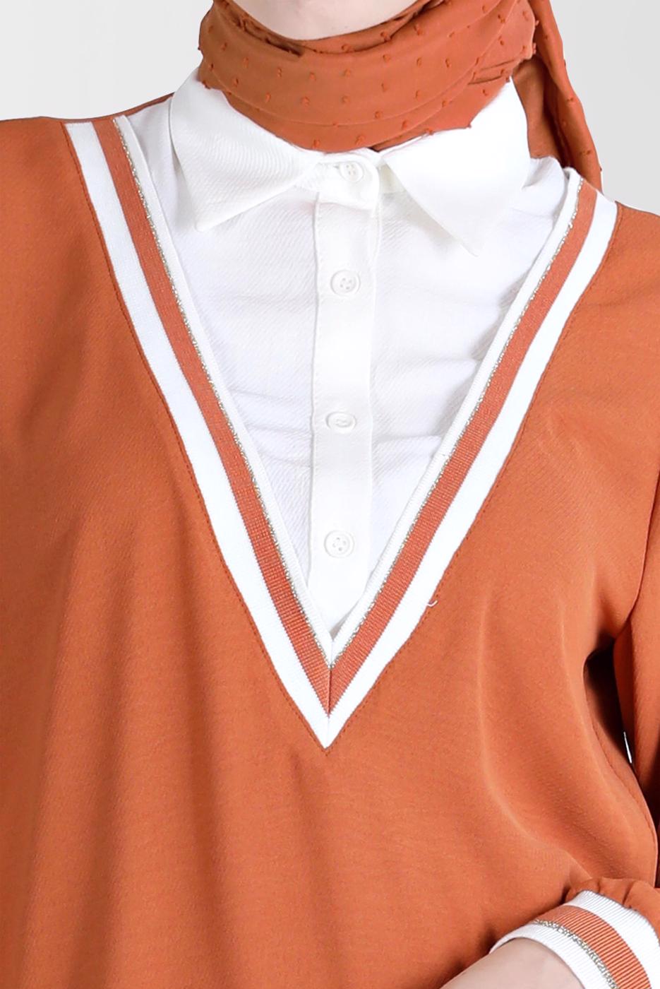 Tesettür giyim TABA ALVİNA V YAKA GÖRÜNÜMLÜ TUNİK T 42559