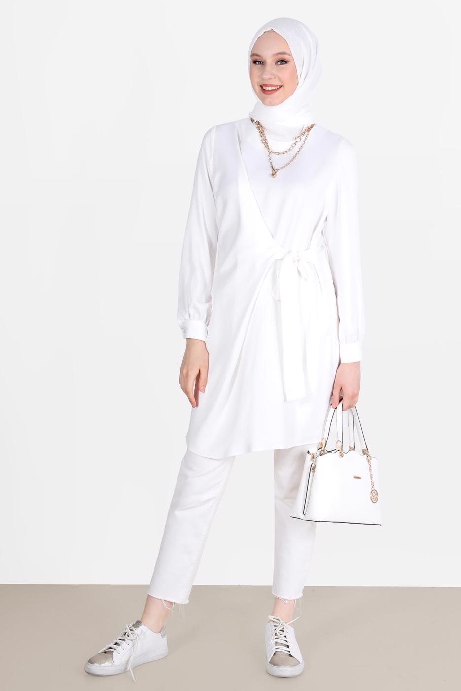 Tesettür giyim KREM ALVİNA BAĞLAMA DETAYLI TUNİK T 42585