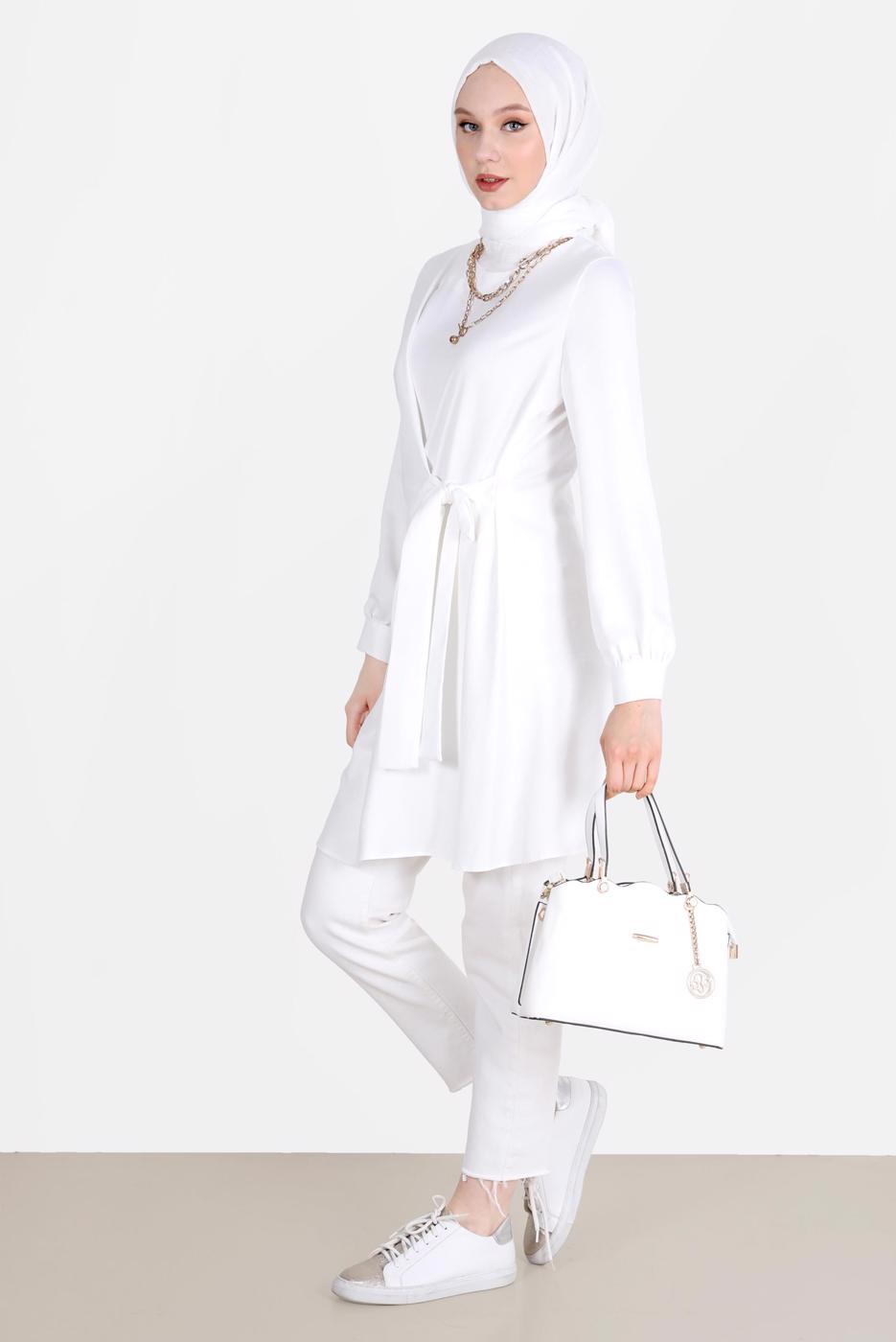 Tesettür giyim KREM ALVİNA BAĞLAMA DETAYLI TUNİK T 42585