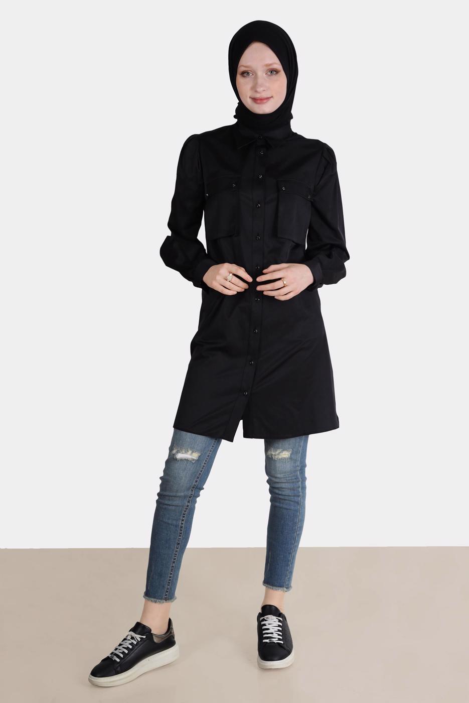 Tesettür giyim SİYAH ALVİNA BOYDAN DÜĞMELİ CEPLİ TUNİK T 42639