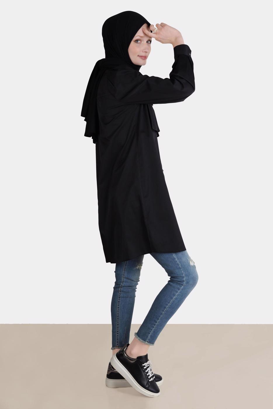 Tesettür giyim SİYAH ALVİNA BOYDAN DÜĞMELİ CEPLİ TUNİK T 42639