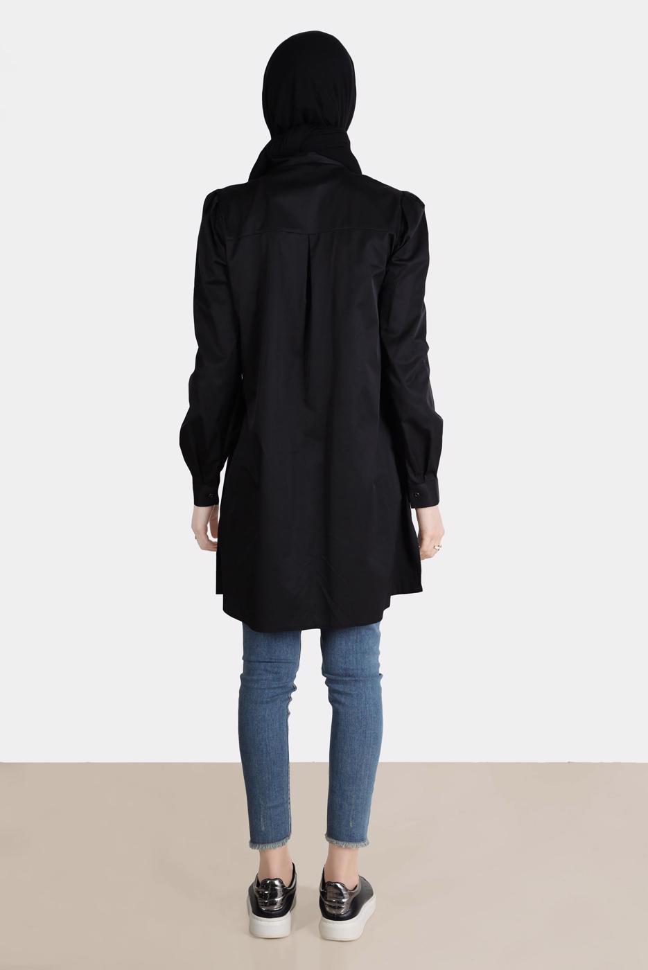 Tesettür giyim SİYAH ALVİNA BOYDAN DÜĞMELİ CEPLİ TUNİK T 42639