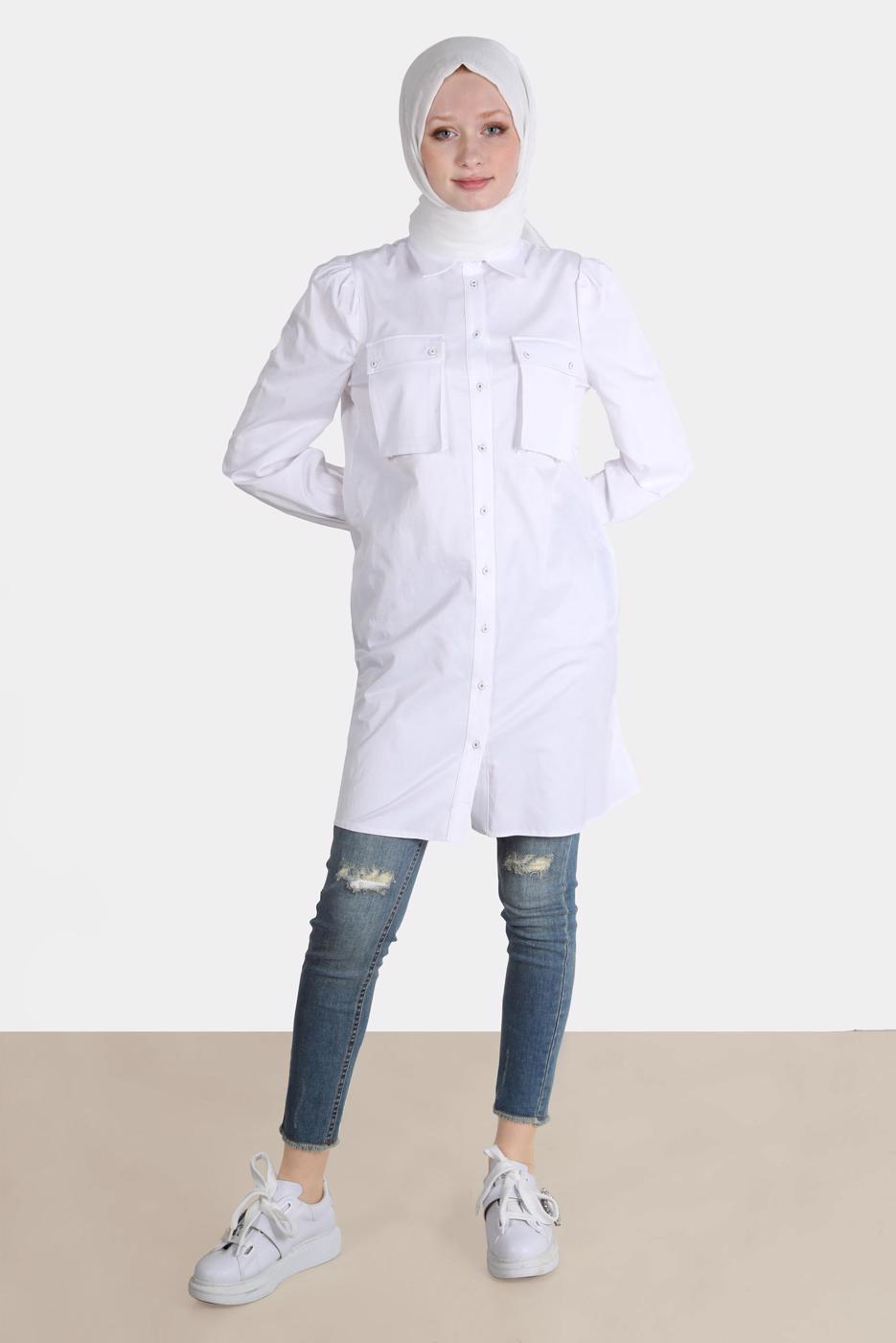 Tesettür giyim BEYAZ ALVİNA BOYDAN DÜĞMELİ CEPLİ TUNİK T 42639