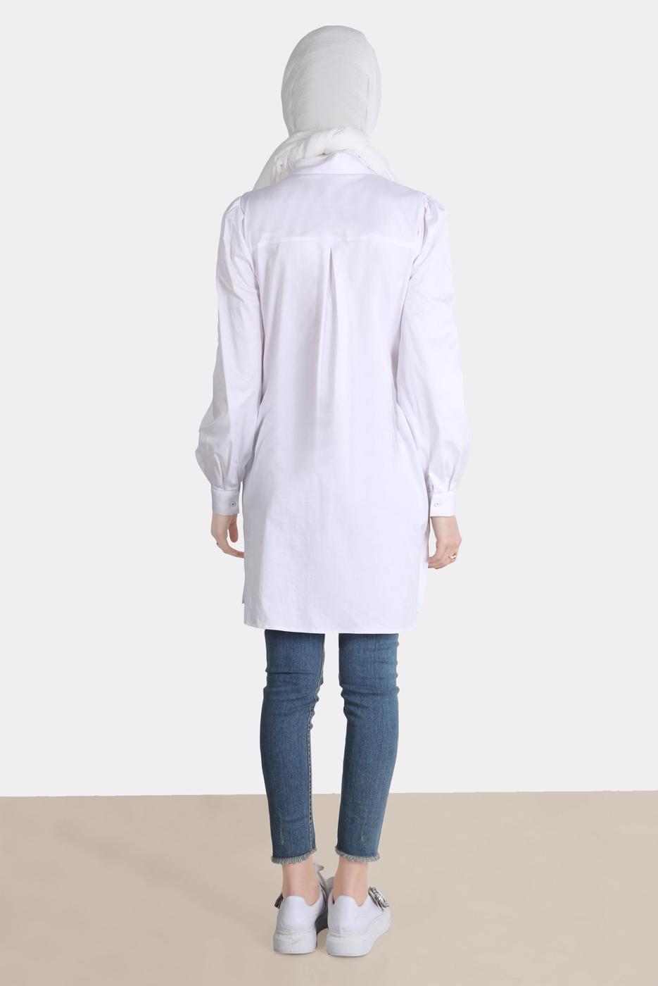 Tesettür giyim BEYAZ ALVİNA BOYDAN DÜĞMELİ CEPLİ TUNİK T 42639