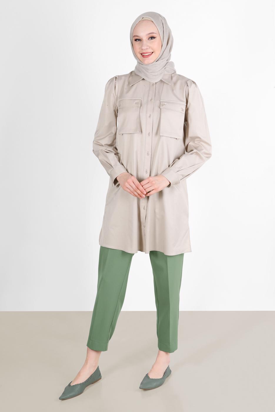 Tesettür giyim BEJ ALVİNA BOYDAN DÜĞMELİ CEPLİ TUNİK T 42639