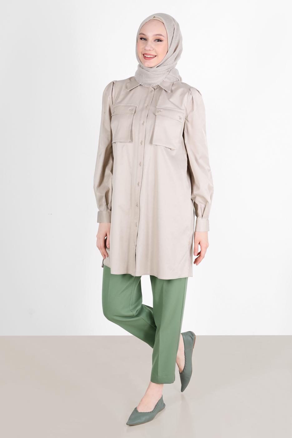 Tesettür giyim BEJ ALVİNA BOYDAN DÜĞMELİ CEPLİ TUNİK T 42639