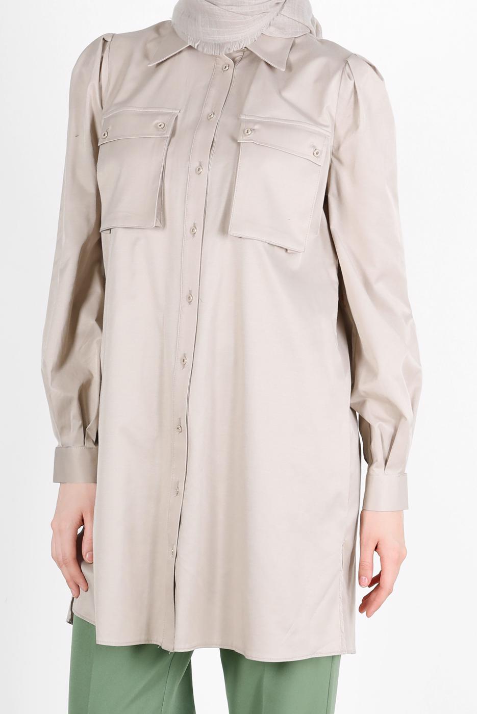 Tesettür giyim BEJ ALVİNA BOYDAN DÜĞMELİ CEPLİ TUNİK T 42639