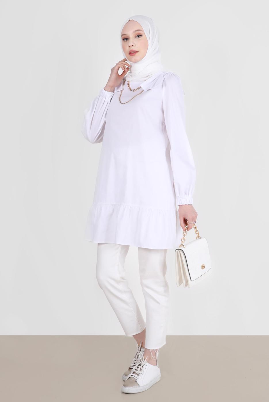 Tesettür giyim KREM ALVİNA FİYONK DETAYLI TUNİK 42663