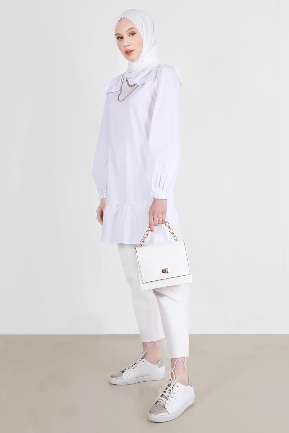 Tesettür giyim KREM ALVİNA FİYONK DETAYLI TUNİK 42663