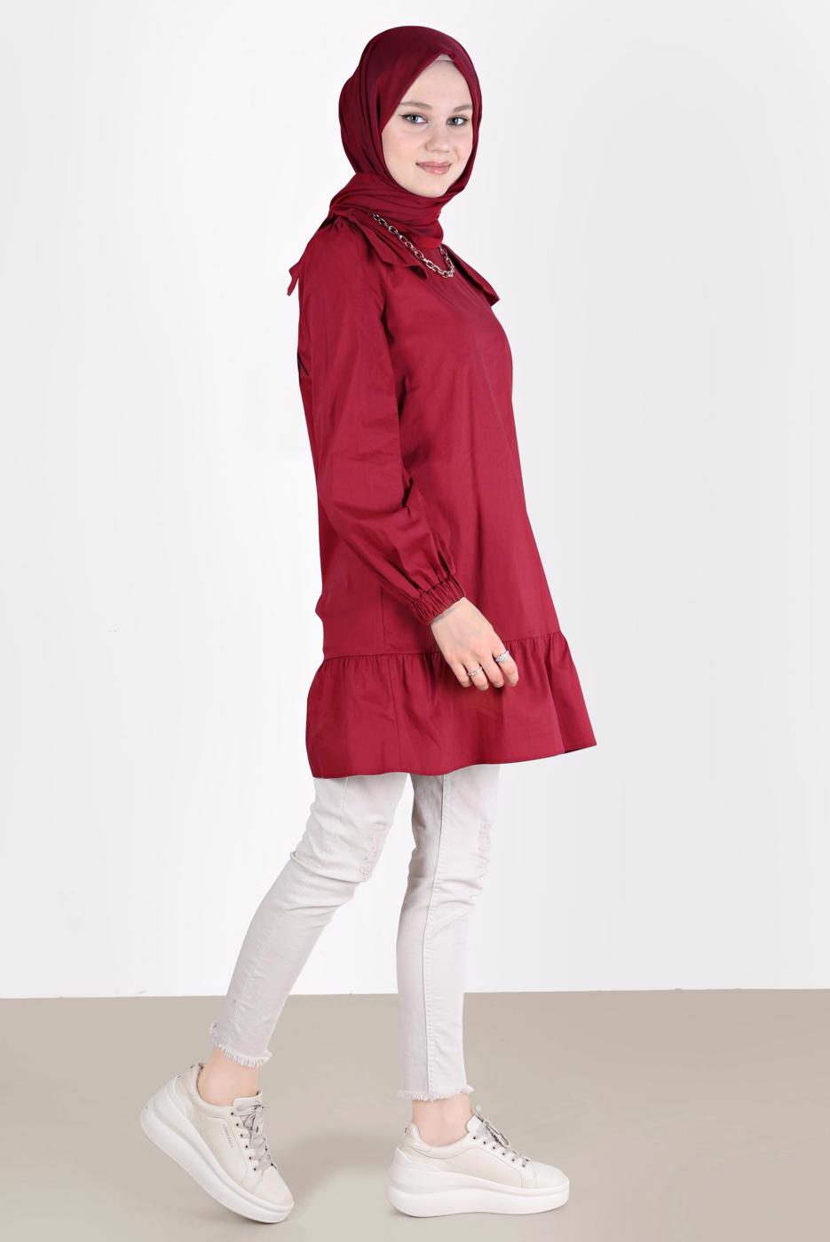 Tesettür giyim KIRMIZI ALVİNA FİYONK DETAYLI TUNİK 42663
