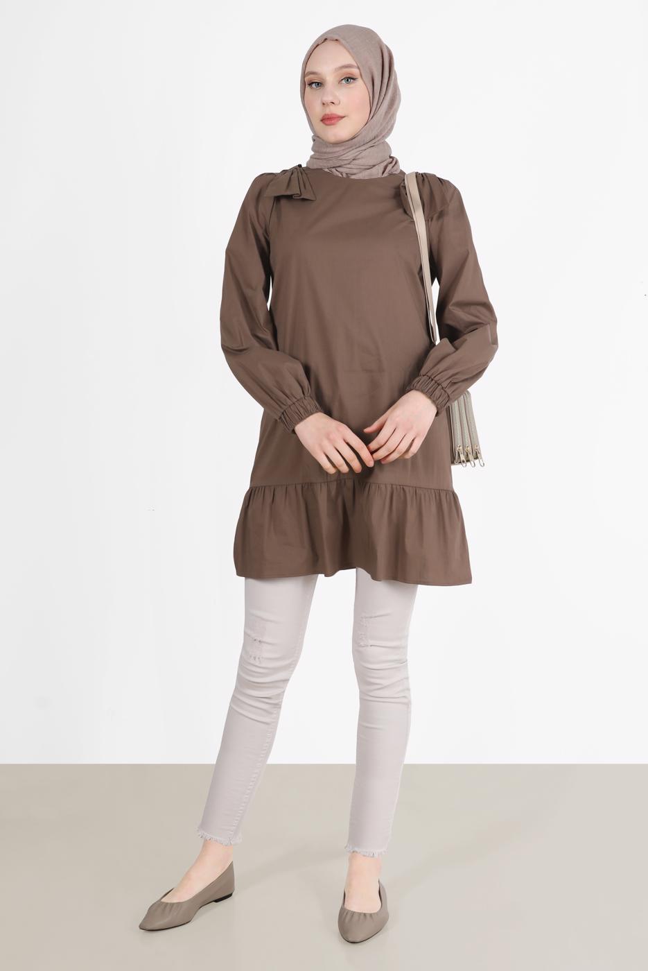 Tesettür giyim KAHVE ALVİNA FİYONK DETAYLI TUNİK 42663