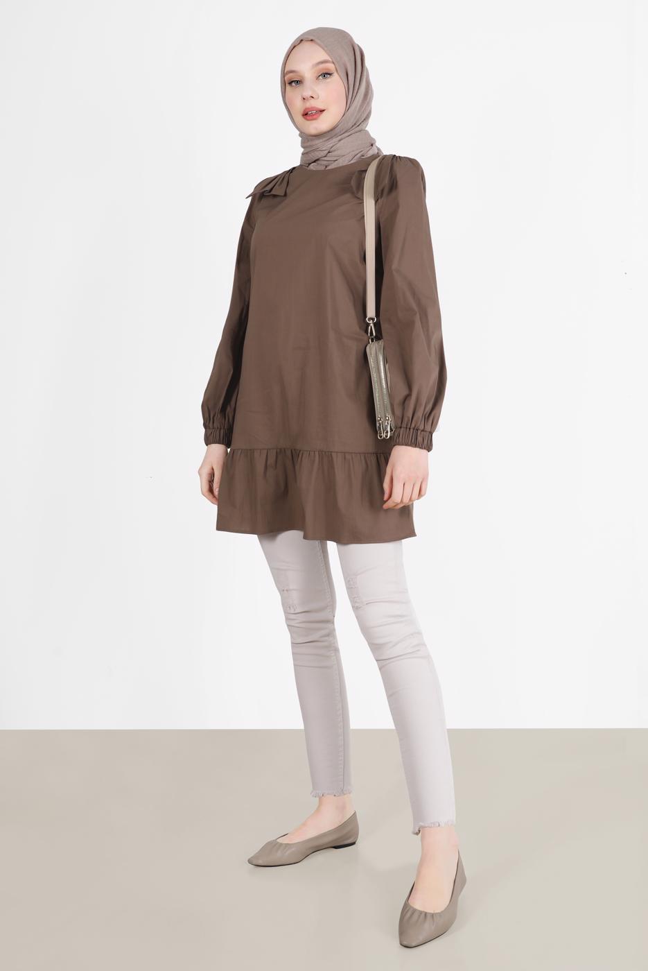Tesettür giyim KAHVE ALVİNA FİYONK DETAYLI TUNİK 42663