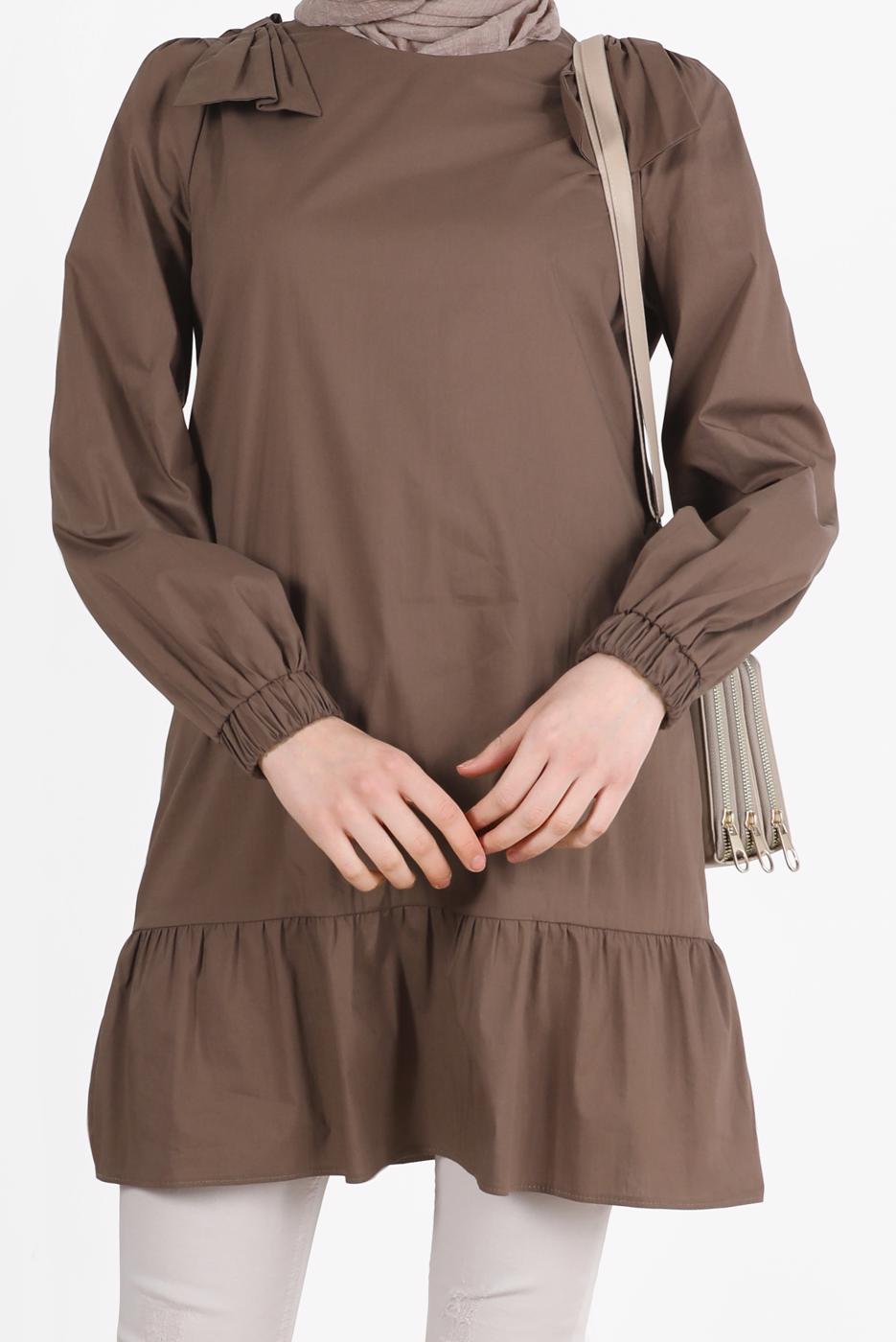 Tesettür giyim KAHVE ALVİNA FİYONK DETAYLI TUNİK 42663