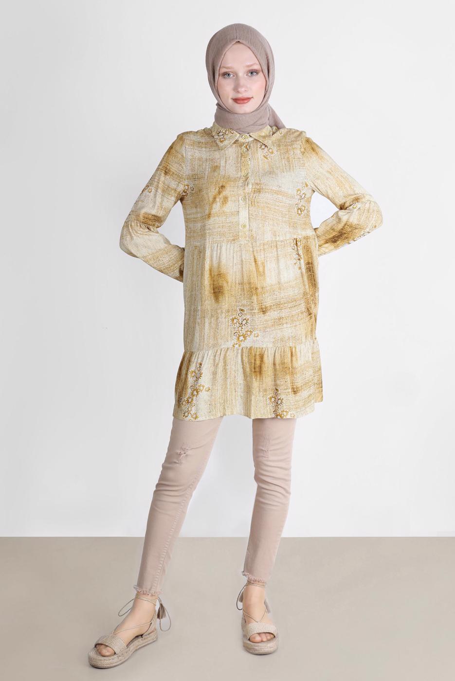 Tesettür giyim TURUNCU ALVİNA BATİK ÇİÇEK DESENLİ TUNİK T 42666