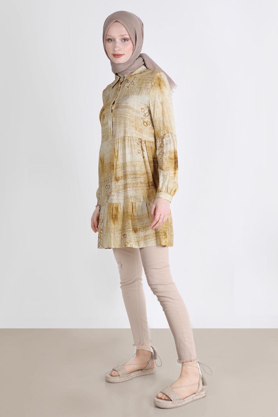 Tesettür giyim TURUNCU ALVİNA BATİK ÇİÇEK DESENLİ TUNİK T 42666