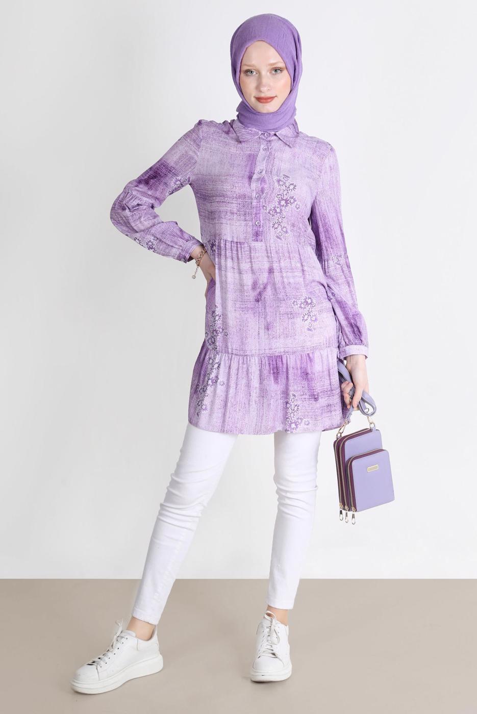 Tesettür giyim MOR ALVİNA BATİK ÇİÇEK DESENLİ TUNİK T 42666